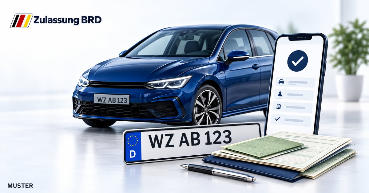 Online Fahrzeugzulassung in Sinn: Musterkennzeichen WZ AB 123, Auto und Fahrzeugpapiere und Smartphone. Illustration mit Logo von Zulassung BRD.